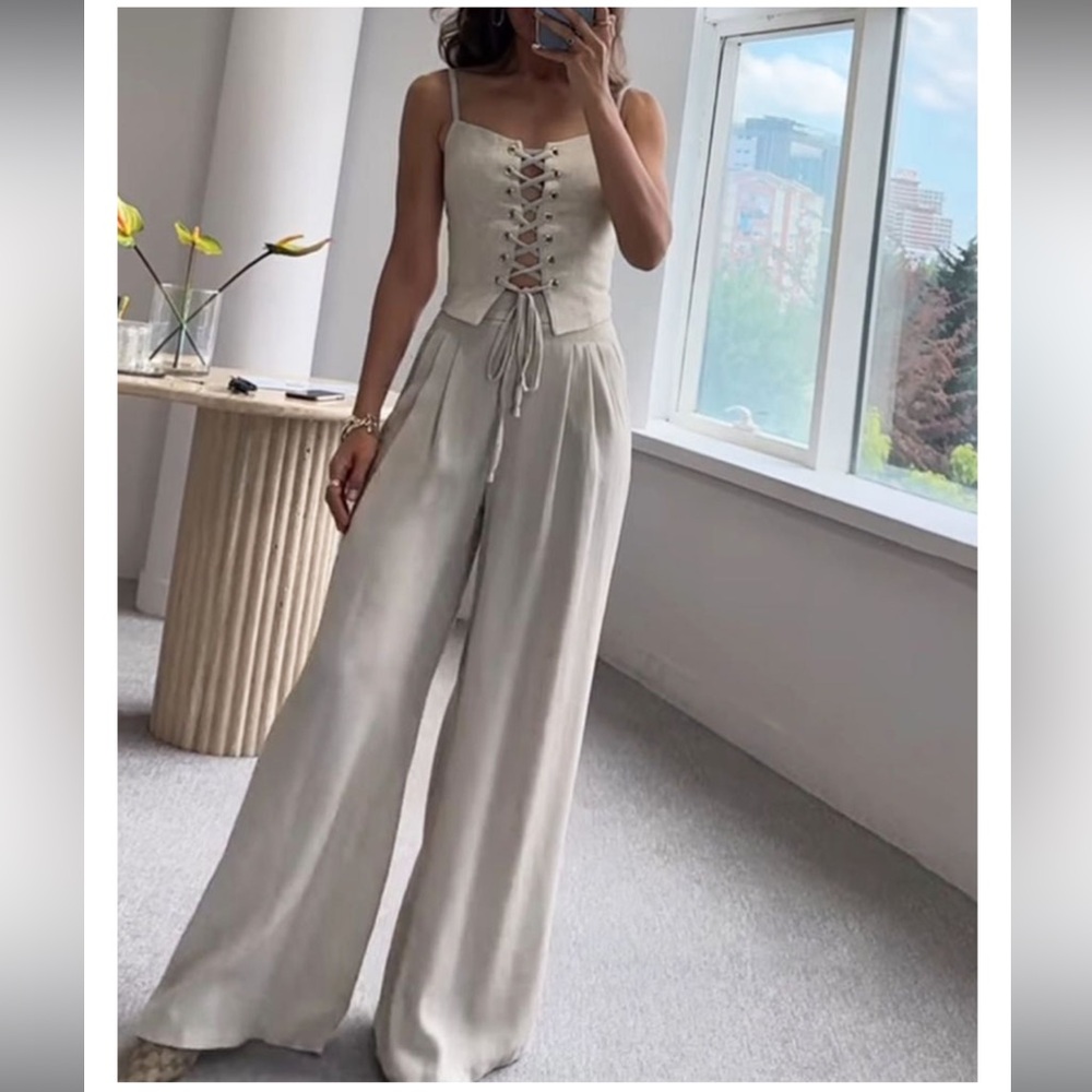 String Top and Pant Two Piece Set Lace Up Tie Up Size XS